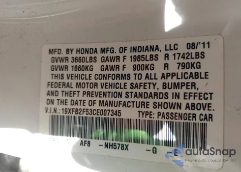 2012 Honda Civic Lx z USA, uszkodzony, nr VIN 19XFB2F53CE007345